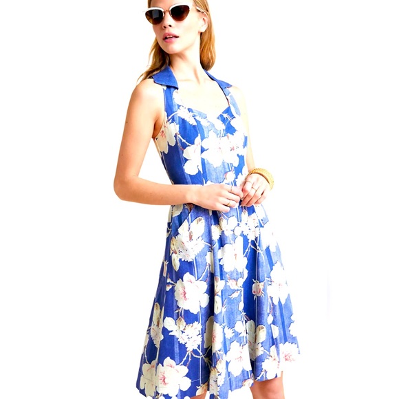 Anthropologie Dresses & Skirts - Anthropologie Size 10 Women's Camellia Floral Collared Dress Blue Jean A-Line